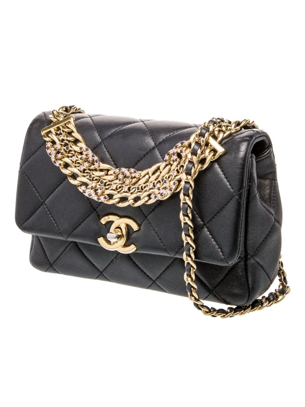 CHANEL Black Quilted Lambskin Shoulder Bag with Gold Chain and Crystal Accent